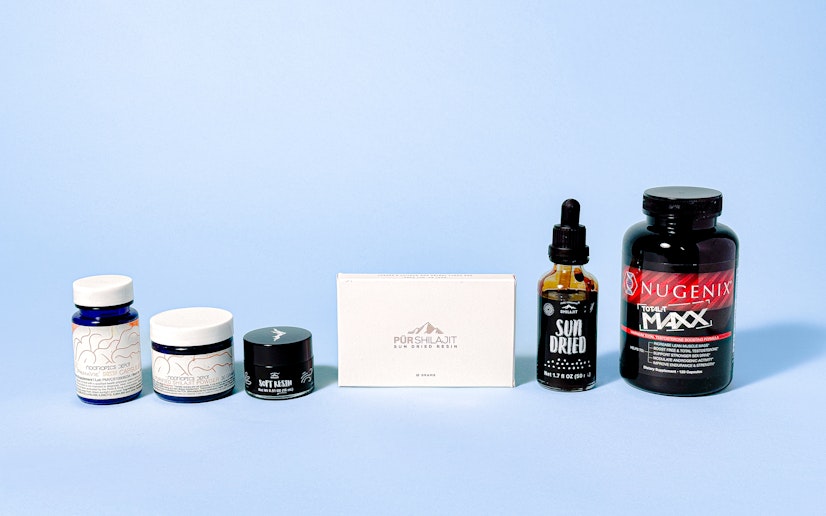 The best shilajit supplements lined up on a blue background