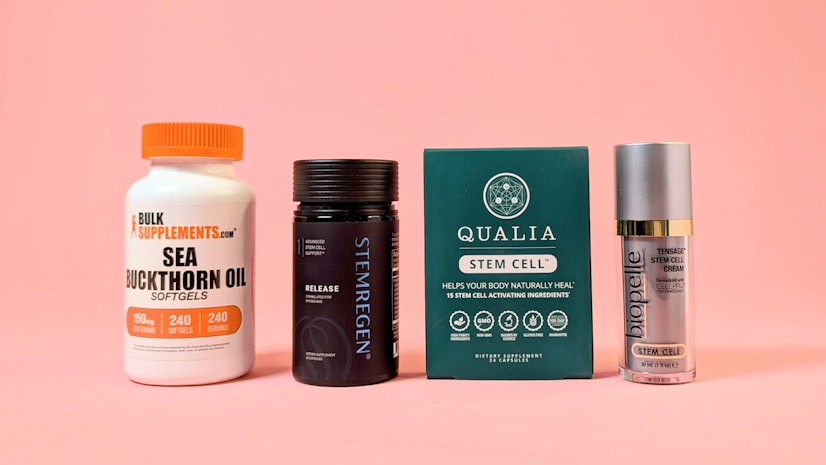 Lineup of best stem cell supplements, left to right: Bulk Supplements, STEMREGEN, Qualia, and Biopelle