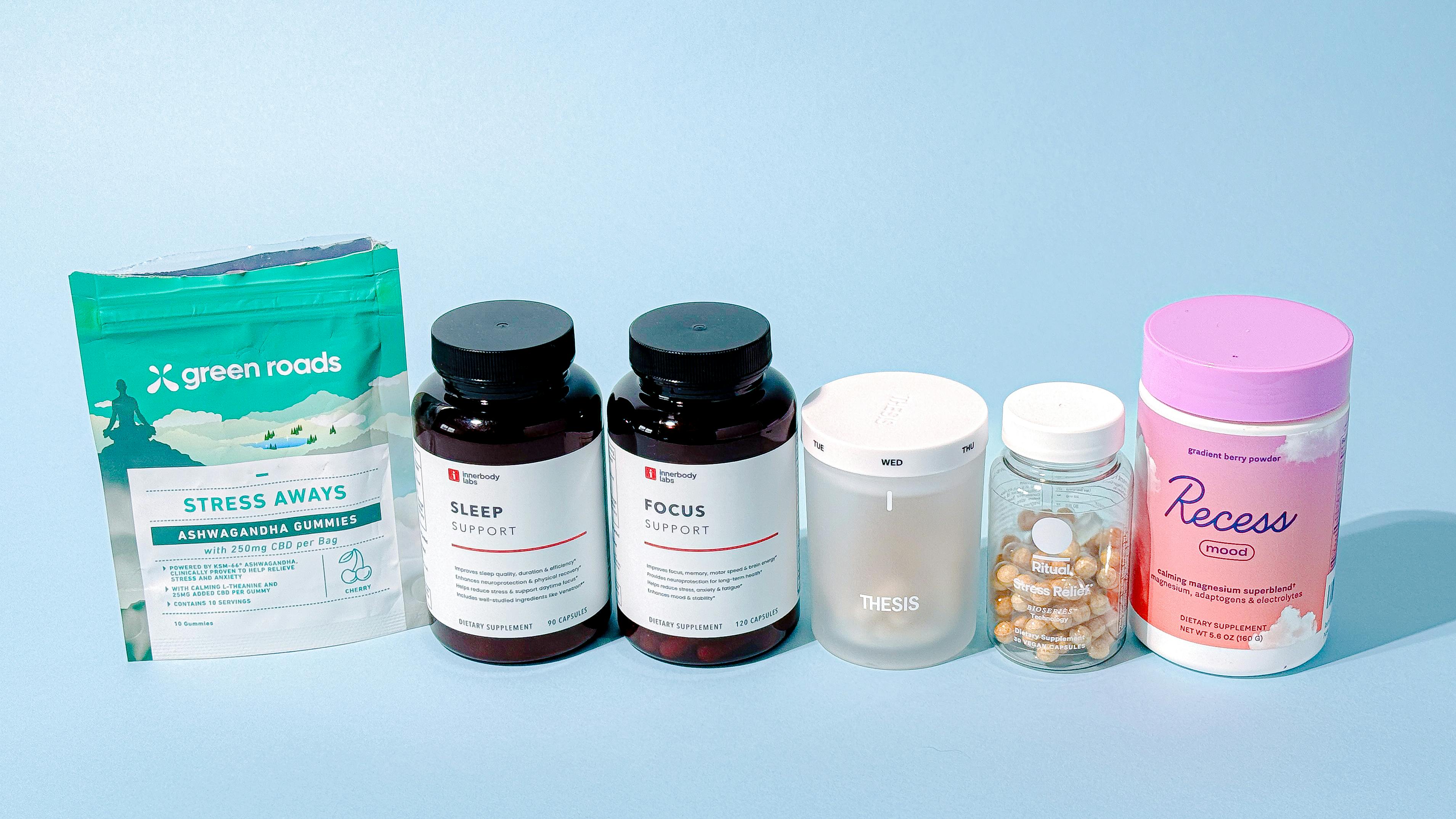 Examples of supplements for stress, including products from Recess, Ritual, Innerbody Labs, Thesis, and Green Roads