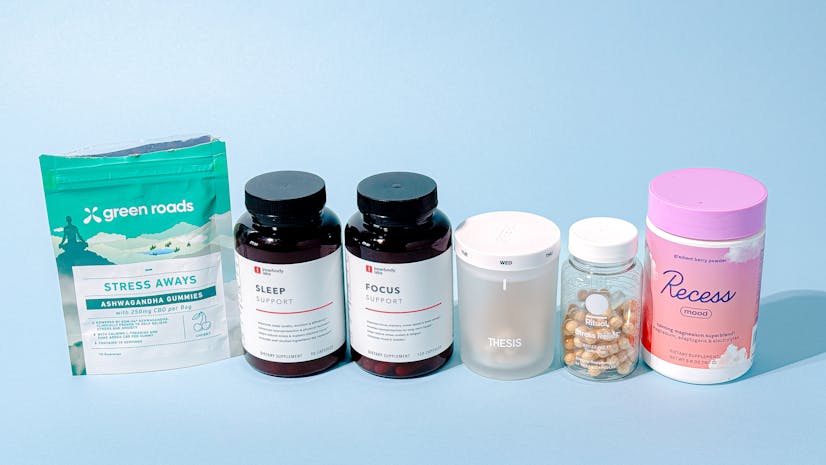 Examples of supplements for stress, including products from Recess, Ritual, Innerbody Labs, Thesis, and Green Roads