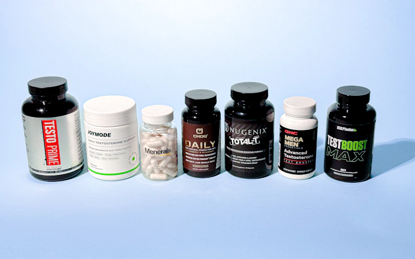 Several bottom-tier testosterone boosters lined up against a blue background.