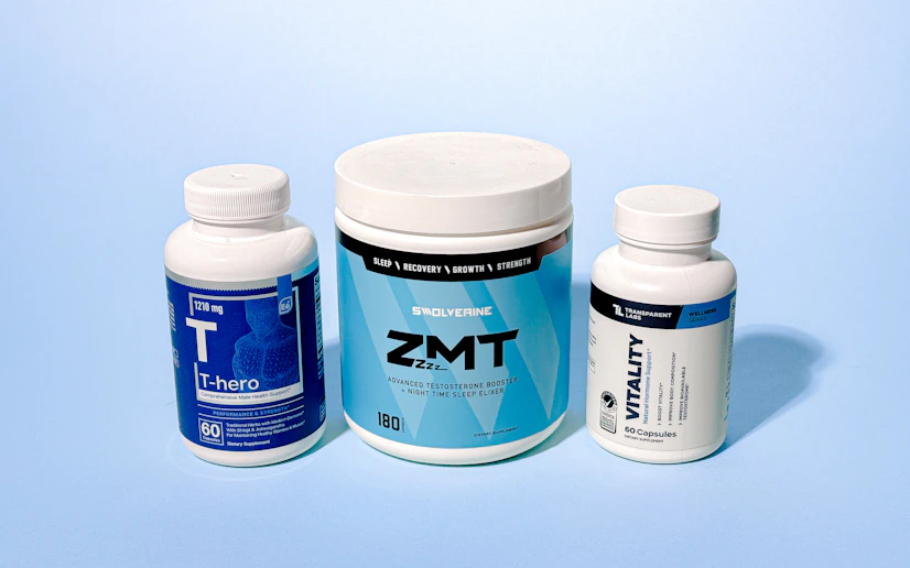 A few mid-tier testosterone boosters lined up against a blue background.
