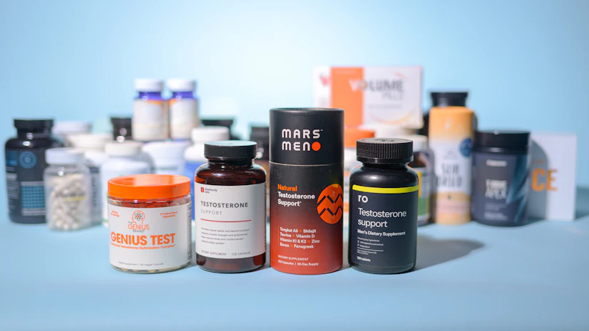 The five best testosterone boosters lined up against a blue background.