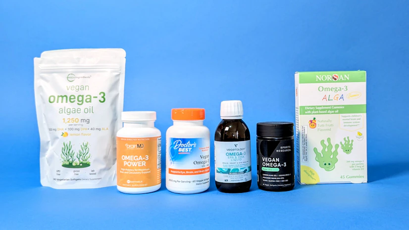 The best vegan omega-3 supplements, from left to right: Micro Ingredients, BrainMD, Doctor’s Best, Vegetology liquid, Sports Research, Norsan gummies.
