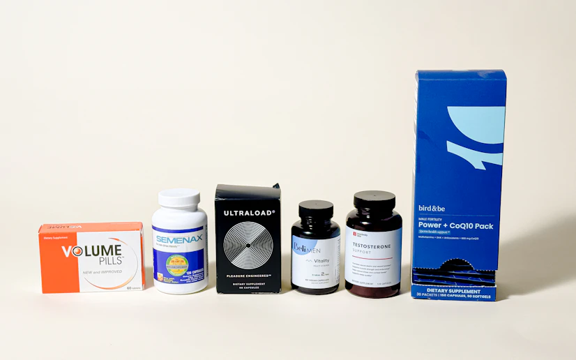 A lineup of the best volume pill products against a beige background