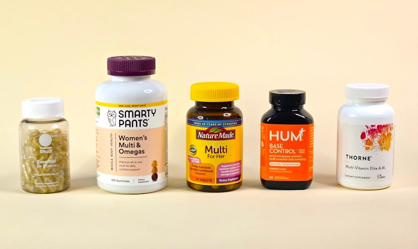 Lineup showing some of the best women’s multivitamins of 2025, including Ritual Essential for Women, SmartyPants Women’s Multi & Omegas, Nature Made Multi For Her, HUM Nutrition Base Control, and Thorne Multi-Vitamin Elite