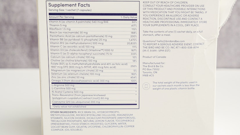 Supplement facts for Bird & Be The Power Prenatal for Males with CoQ10, zinc, L-arginine, and omega-3