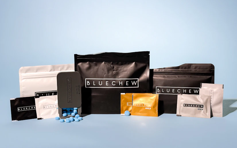 Lineup of various BlueChew products against a blue background.