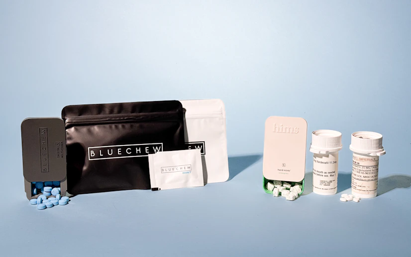 various BlueChew and Hims products on a blue background