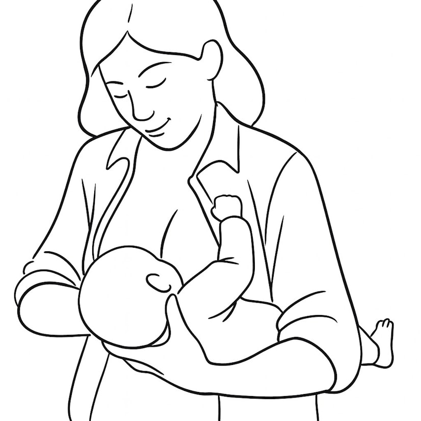 Parent breastfeeding an infant using the football hold, with the baby tucked along the parent’s side and supported under the arm.