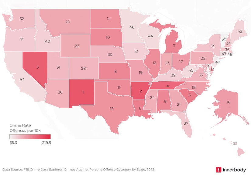 Map ranking U.S. states based on rate of crimes against persons