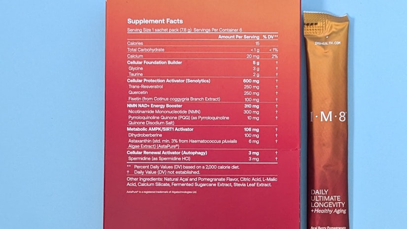 Back-label view of IM8 Daily Ultimate Longevity.