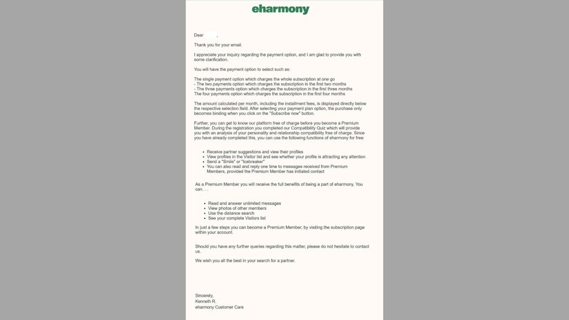 Helpful email from eHarmony’s customer support team.