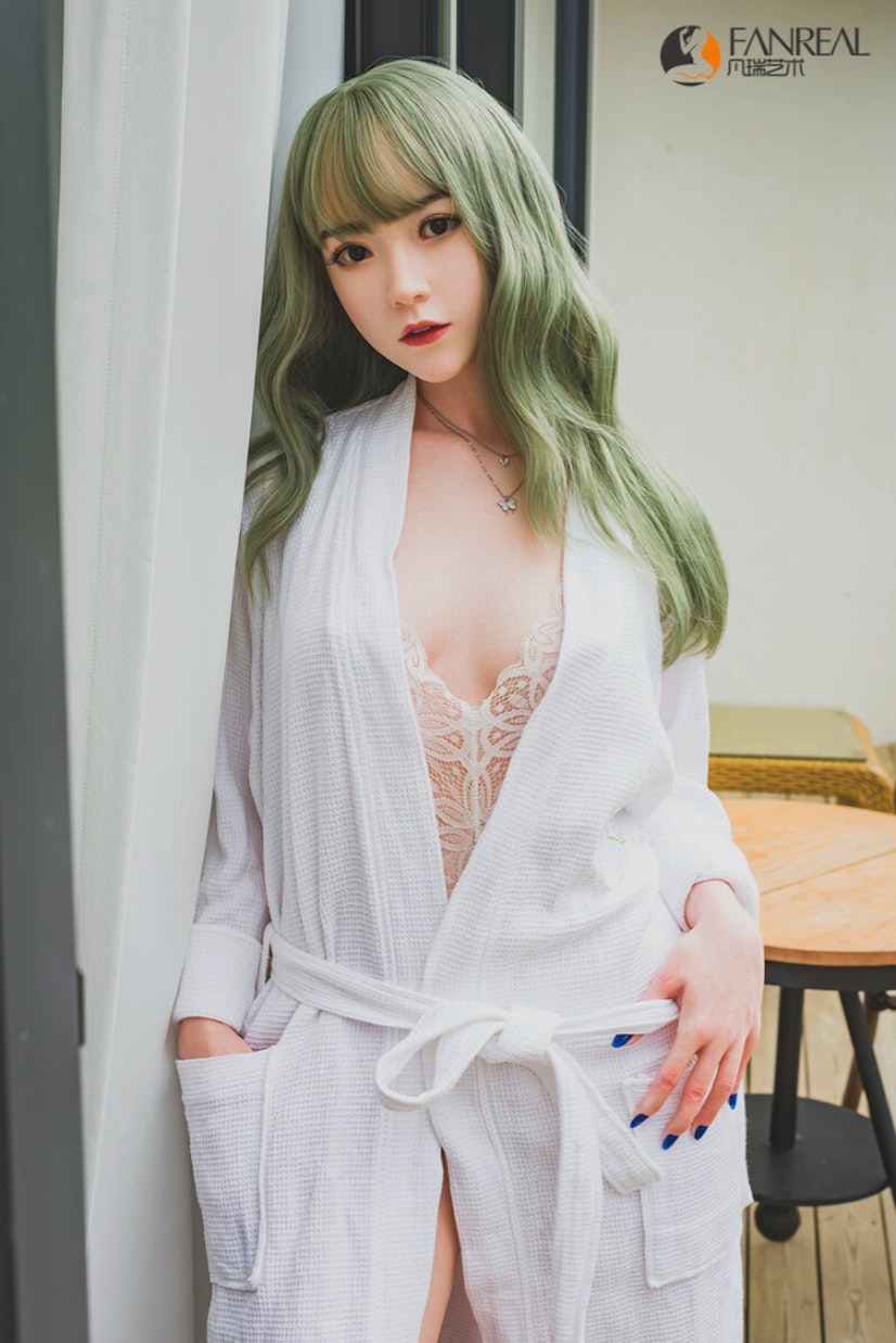 Fanreal 158cm C-cup sex doll with green hair in white robe