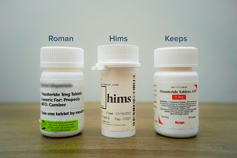 Finasteride bottles from Roman, Hims, and Keeps