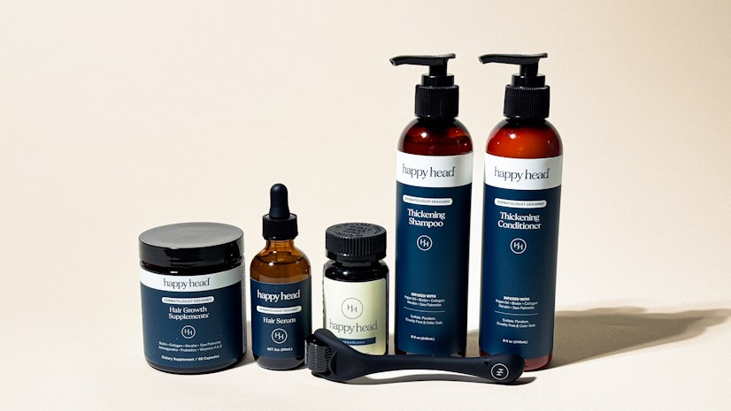 Happy Head Review upper pic showing supplements, medication, serum, and shampoo and conditioner