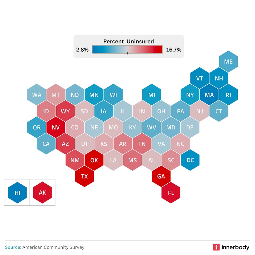 United States map showing percents uninsured by state