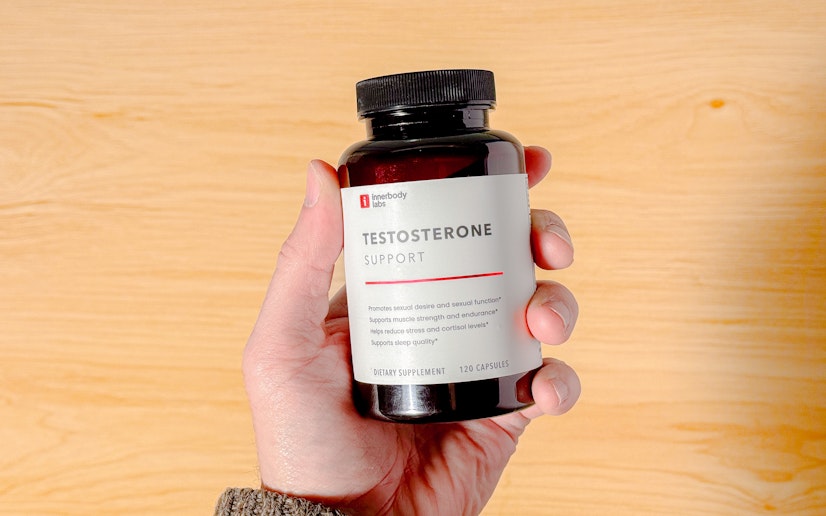 Hand holding a bottle of Innerbody Labs Testosterone Support