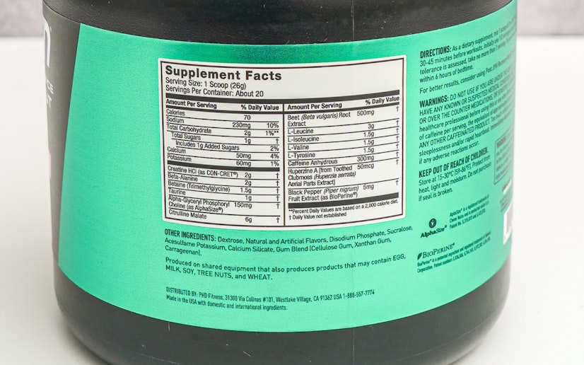 JYM Pre Jym pre-workout ingredients label