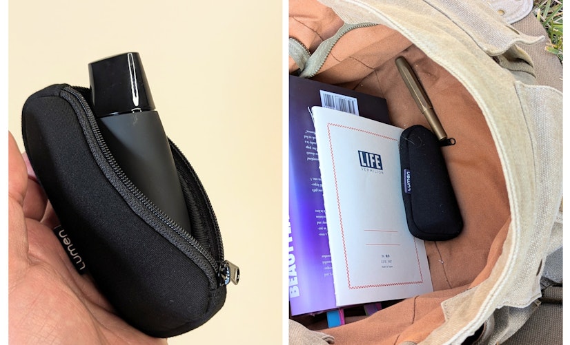 Side-by-side images of Lumen in its carrying case and the carrying case in a messenger bag.