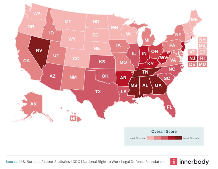 Map of U.S. states by work-related stress
