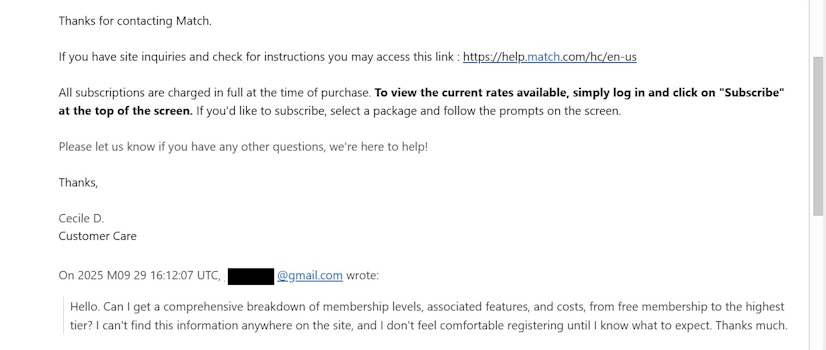 Email from Match.com’s customer support team.