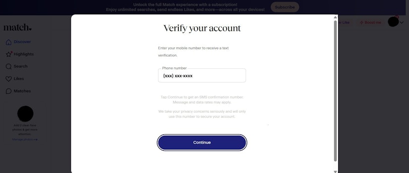 Match.com’s account verification screen asking for phone number.