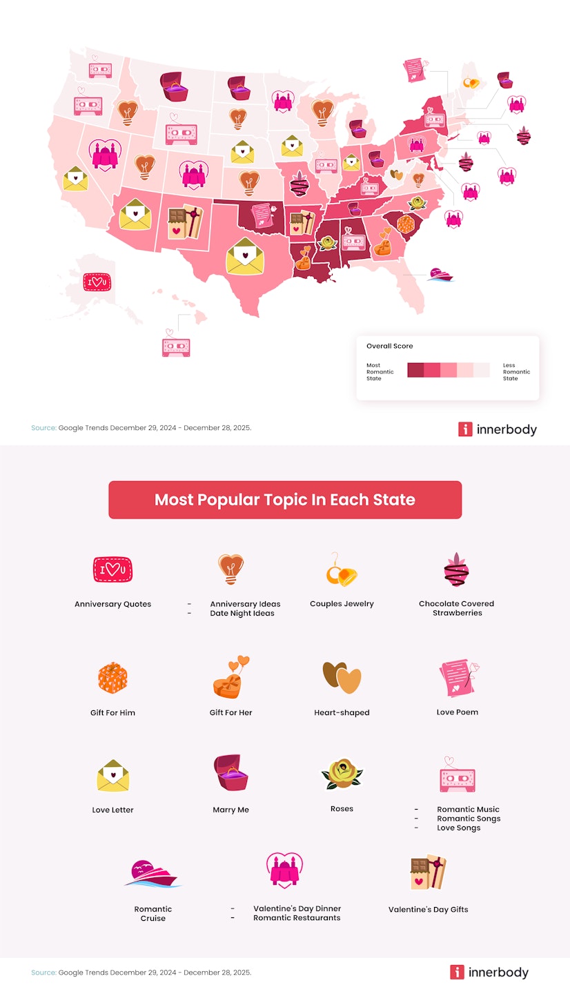 United States map showing romantic topic interest