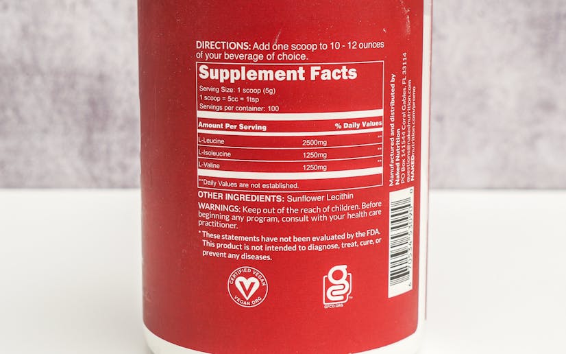 Naked BCAAS ingredients label