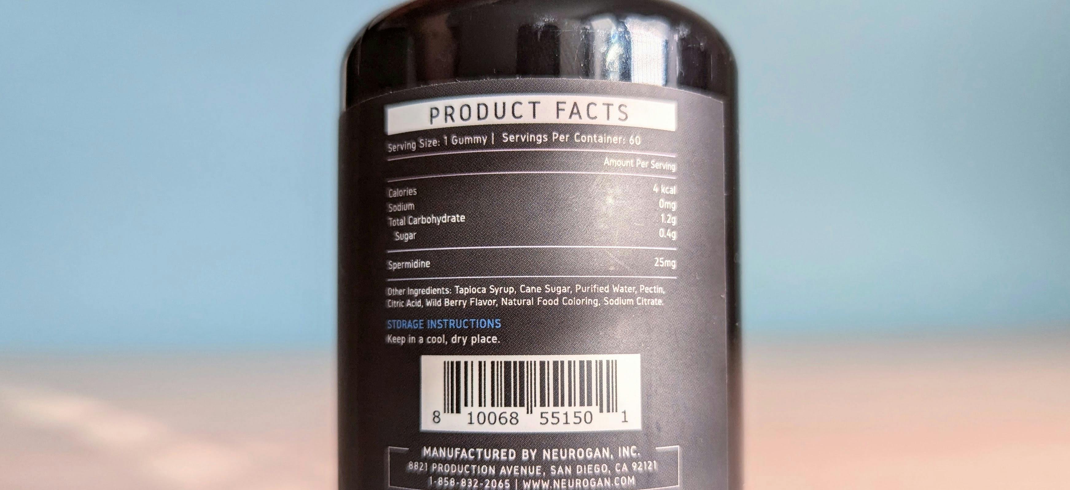 Neurogan Spermidine Ingredient Label