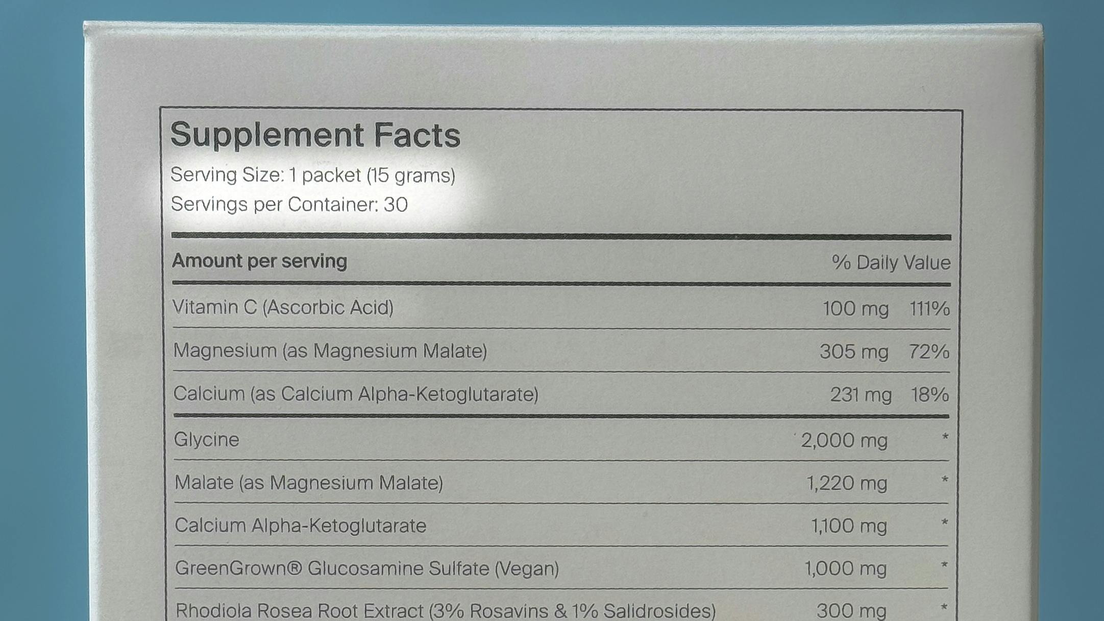 Novos Core Ingredients Serving Size and Per