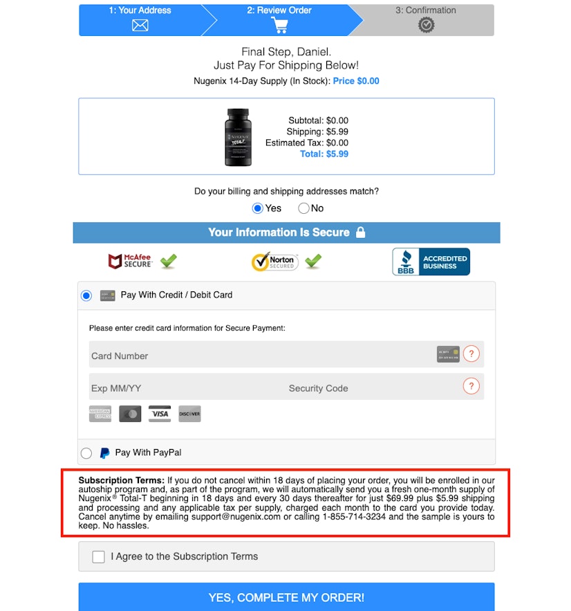 Nugenix Total T Trial Checkout Screenshot