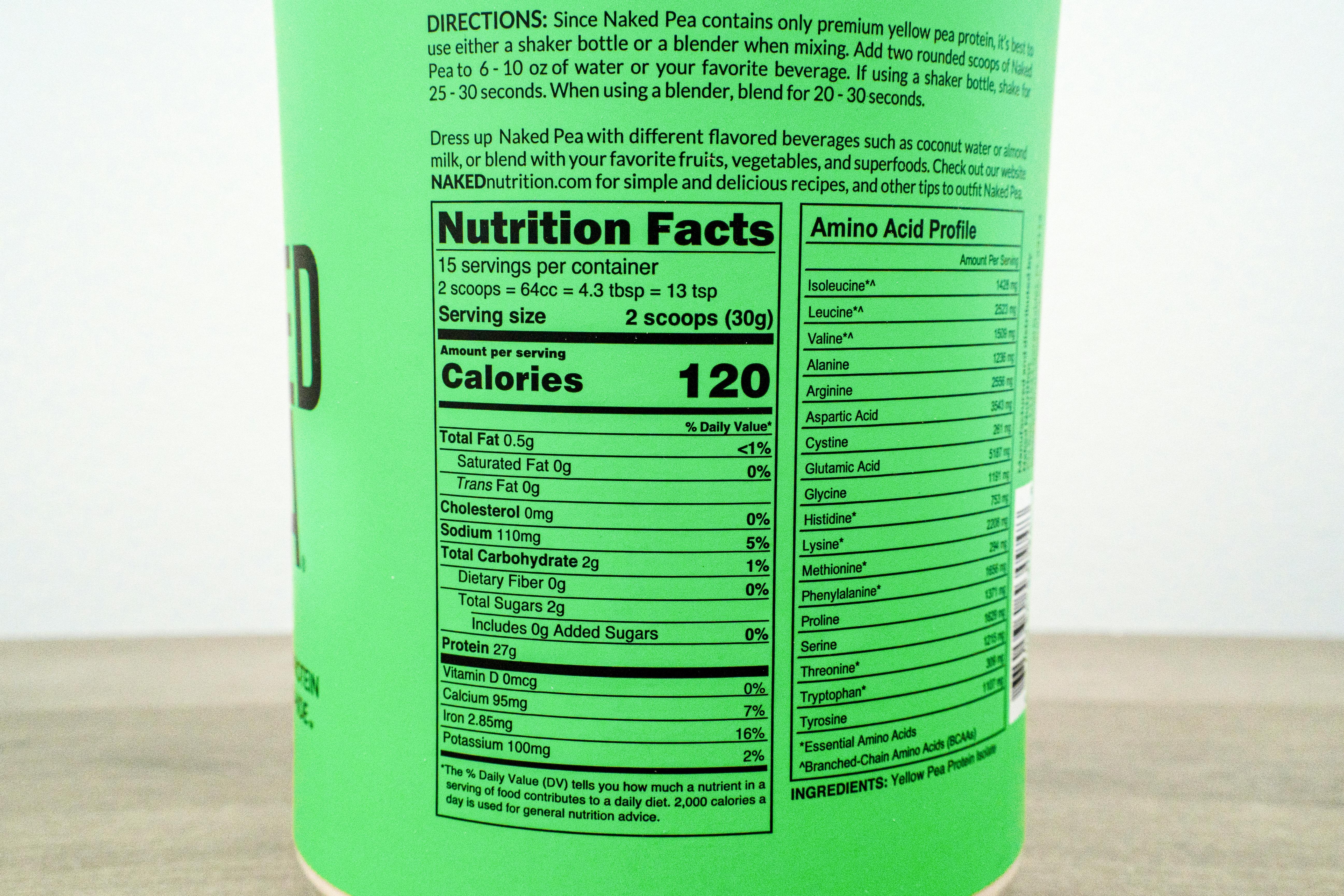 Naked pea protein nutrients label