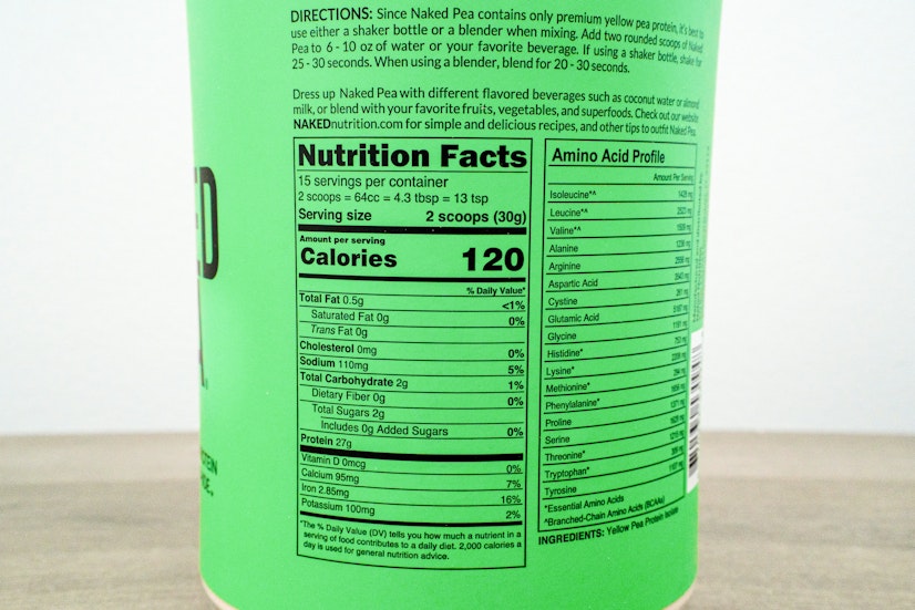 Naked pea protein nutrients label
