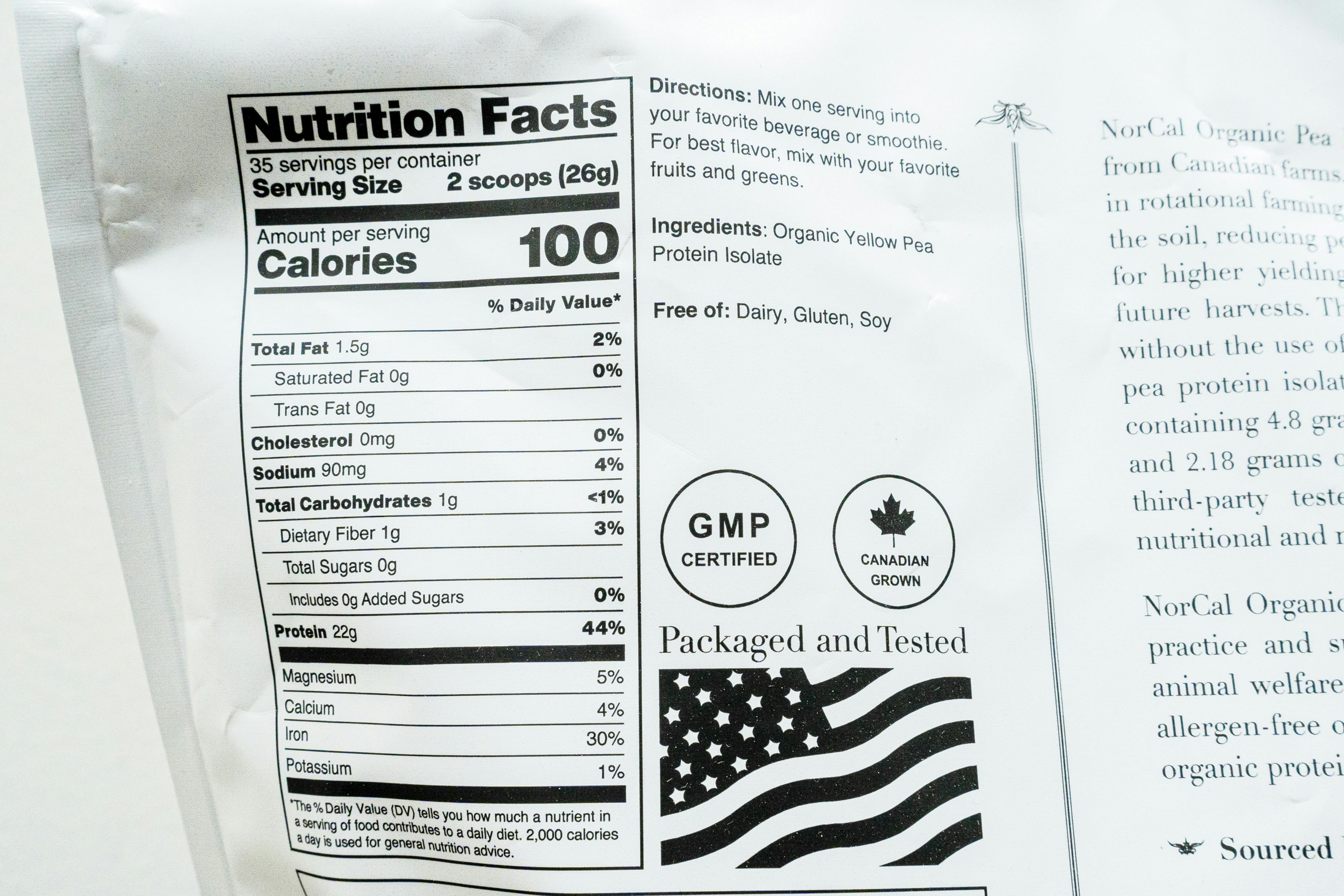 Norcal pea protein nutrients label