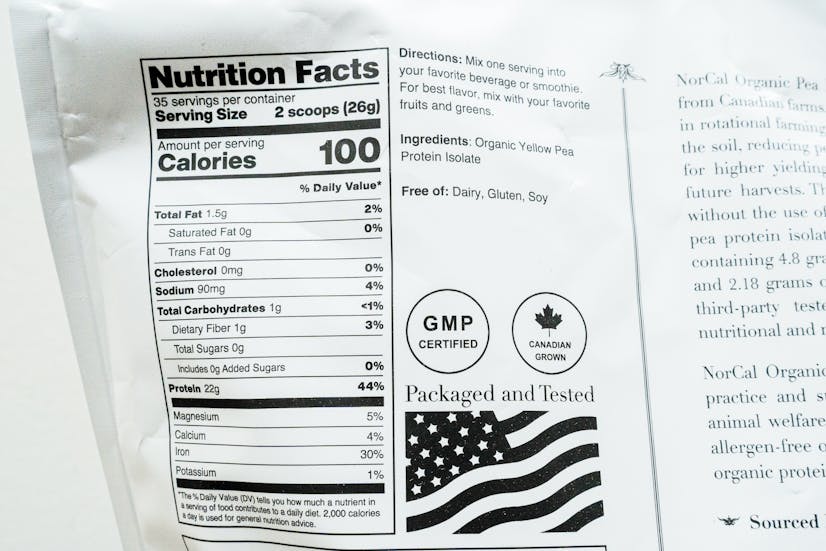 Norcal pea protein nutrients label