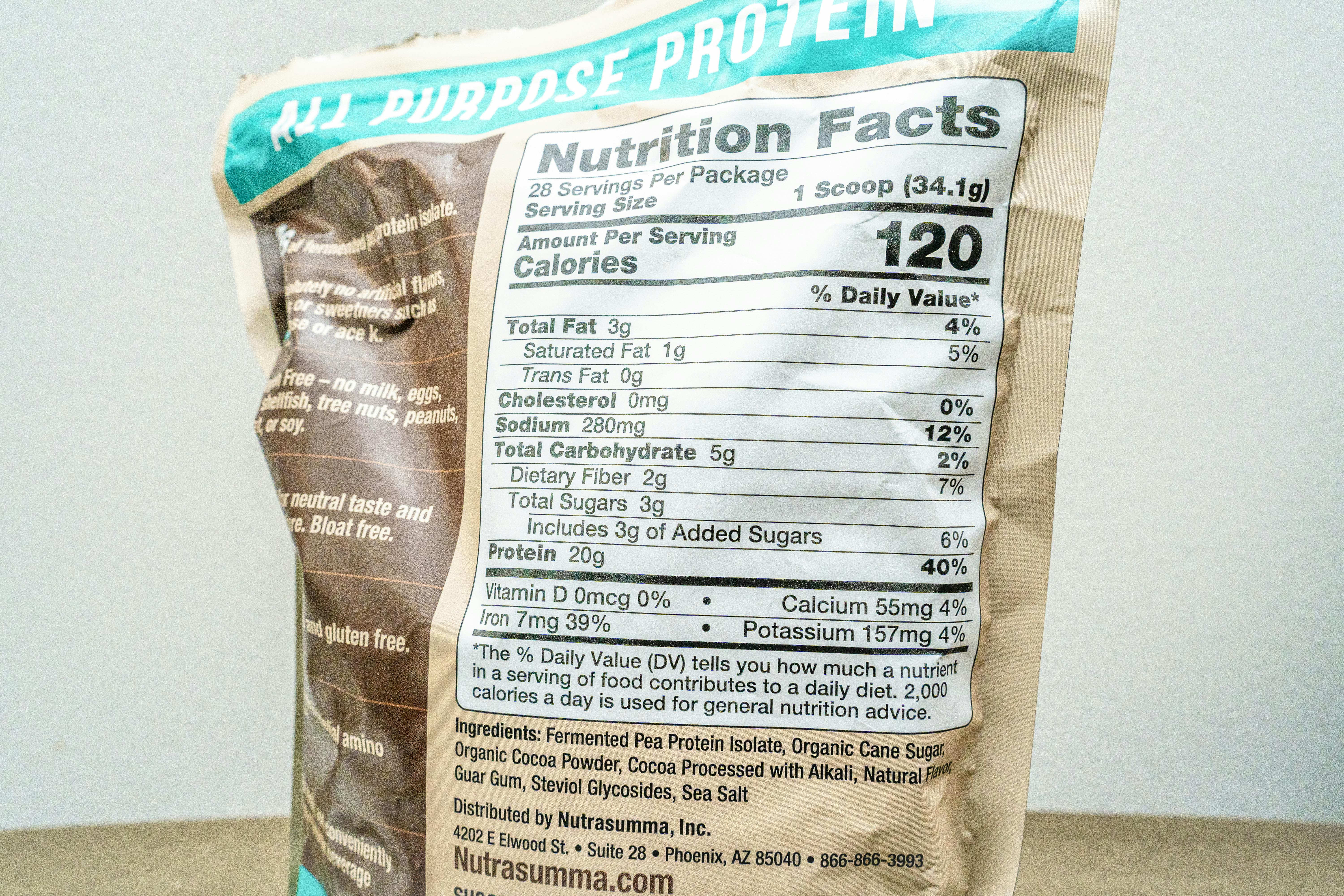 Nutrient label of pea protein from Nutrasumma