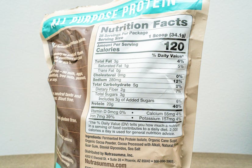 Nutrient label of pea protein from Nutrasumma