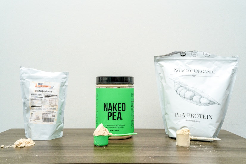 Several plain-flavored pea protein powders