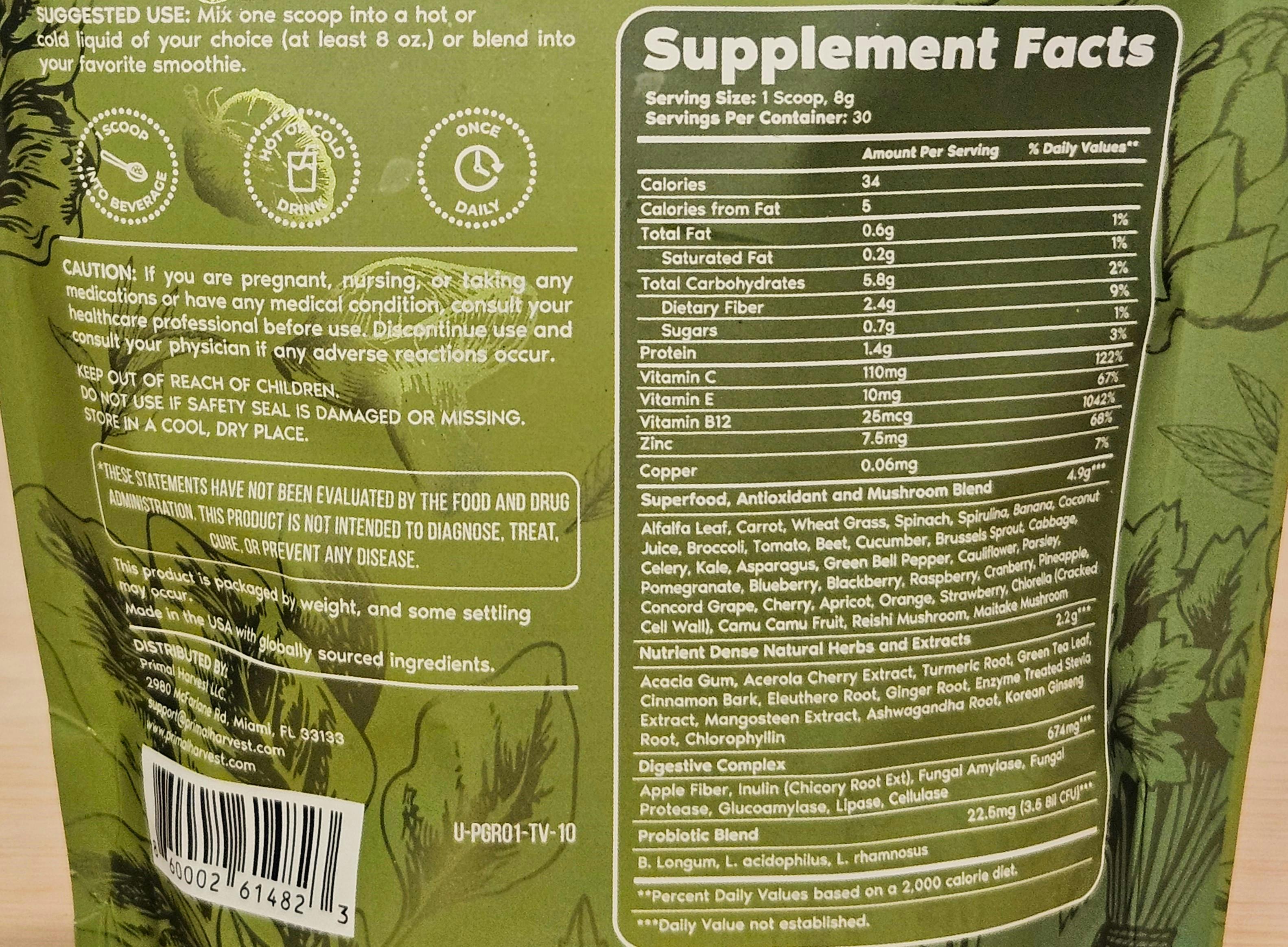 Primal Greens vs AG1 Primal Greens Supplement Facts