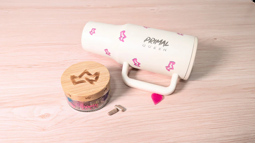 Primal Queen’s glass capsule jar and water tumbler.