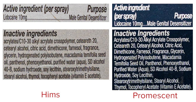 Side-by-side ingredient comparison of Hims and Promescent delay sprays