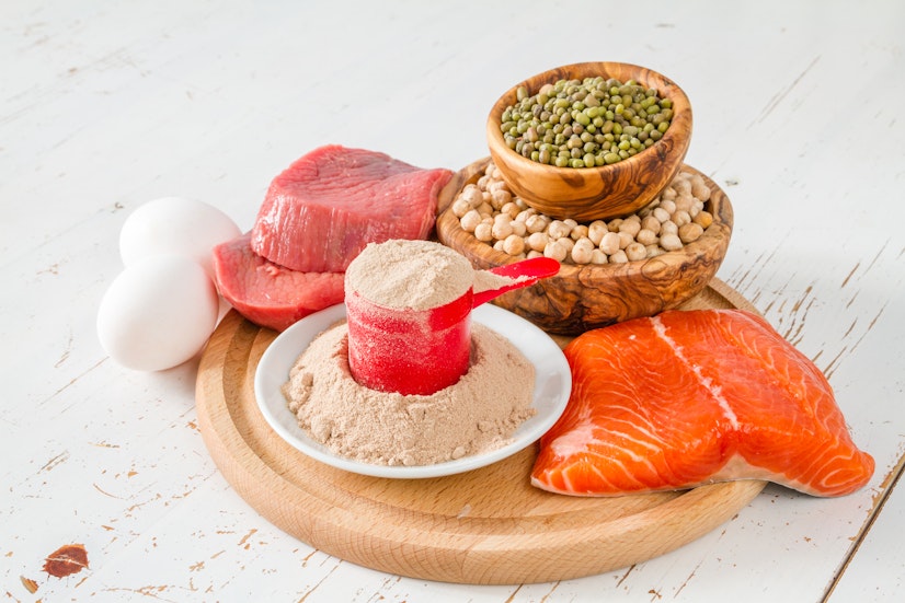 protein sources - nuts, seeds, meat, fish, eggs, protein powder