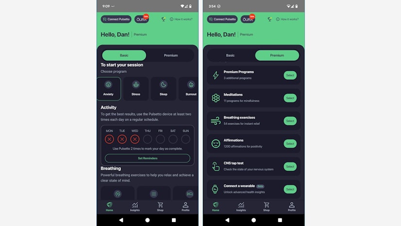 Pulsetto Basic VS Premium Interface