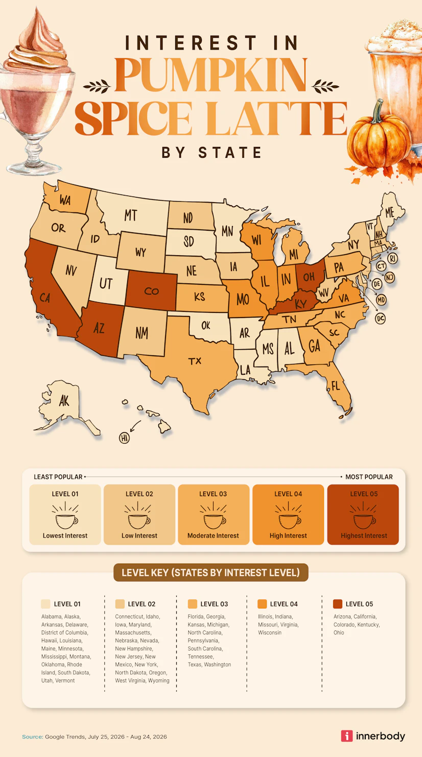 Map of pumpkin spice latte enthusiasm levels across the United States