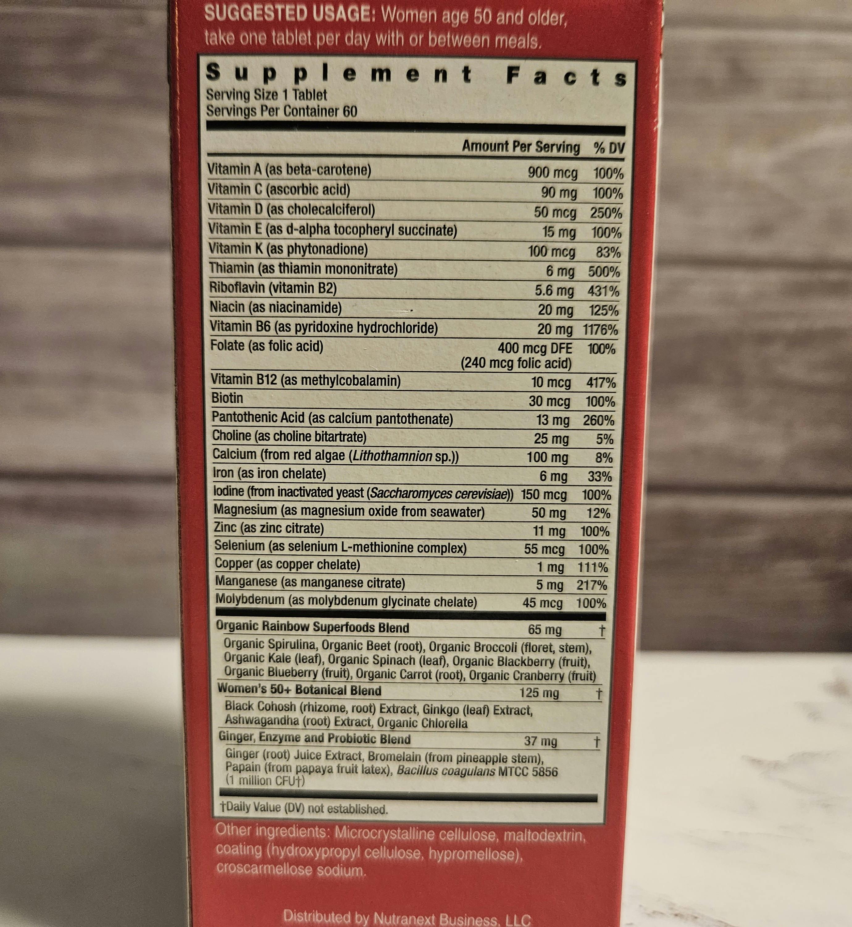 Nutrition label on Rainbow Light menopause supplement