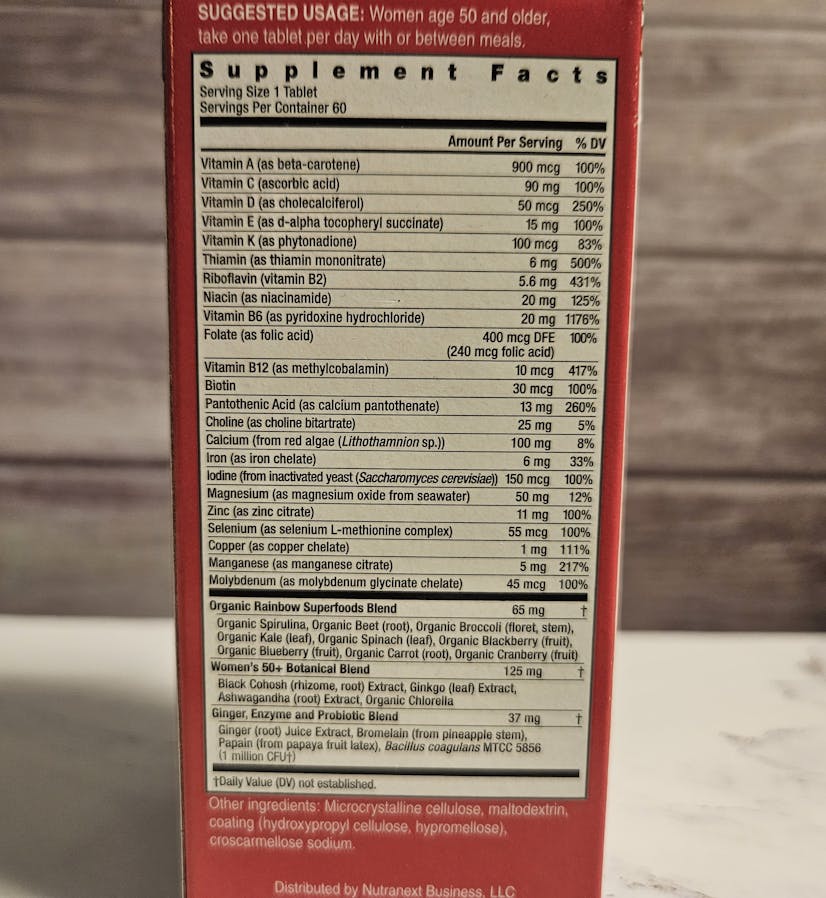 Nutrition label on Rainbow Light menopause supplement