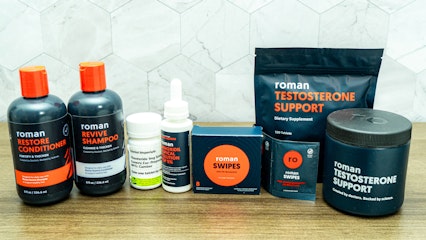 Roman products - shampoo, hair loss treatments, PE wipes, and testosterone support