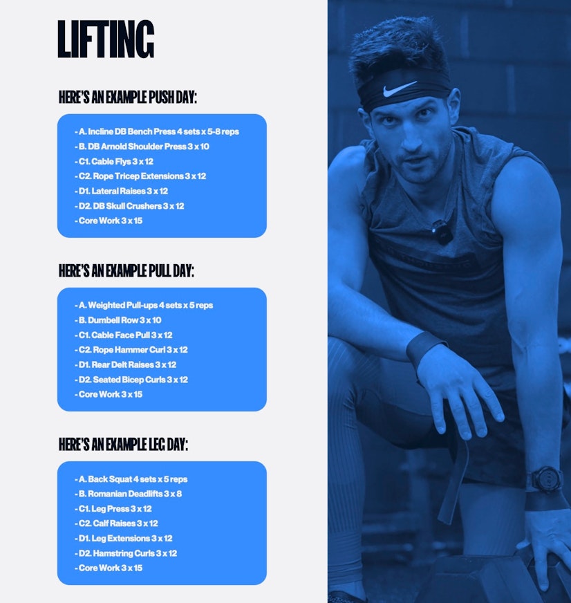 Infographic documenting push days, pull days, and leg days during training