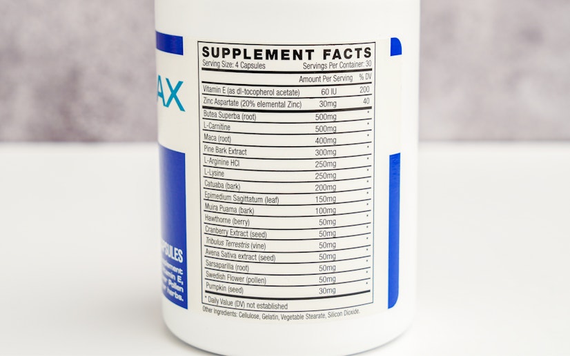 Semenax supplement facts label showing ingredients like zinc, L-arginine, maca, and herbal extracts